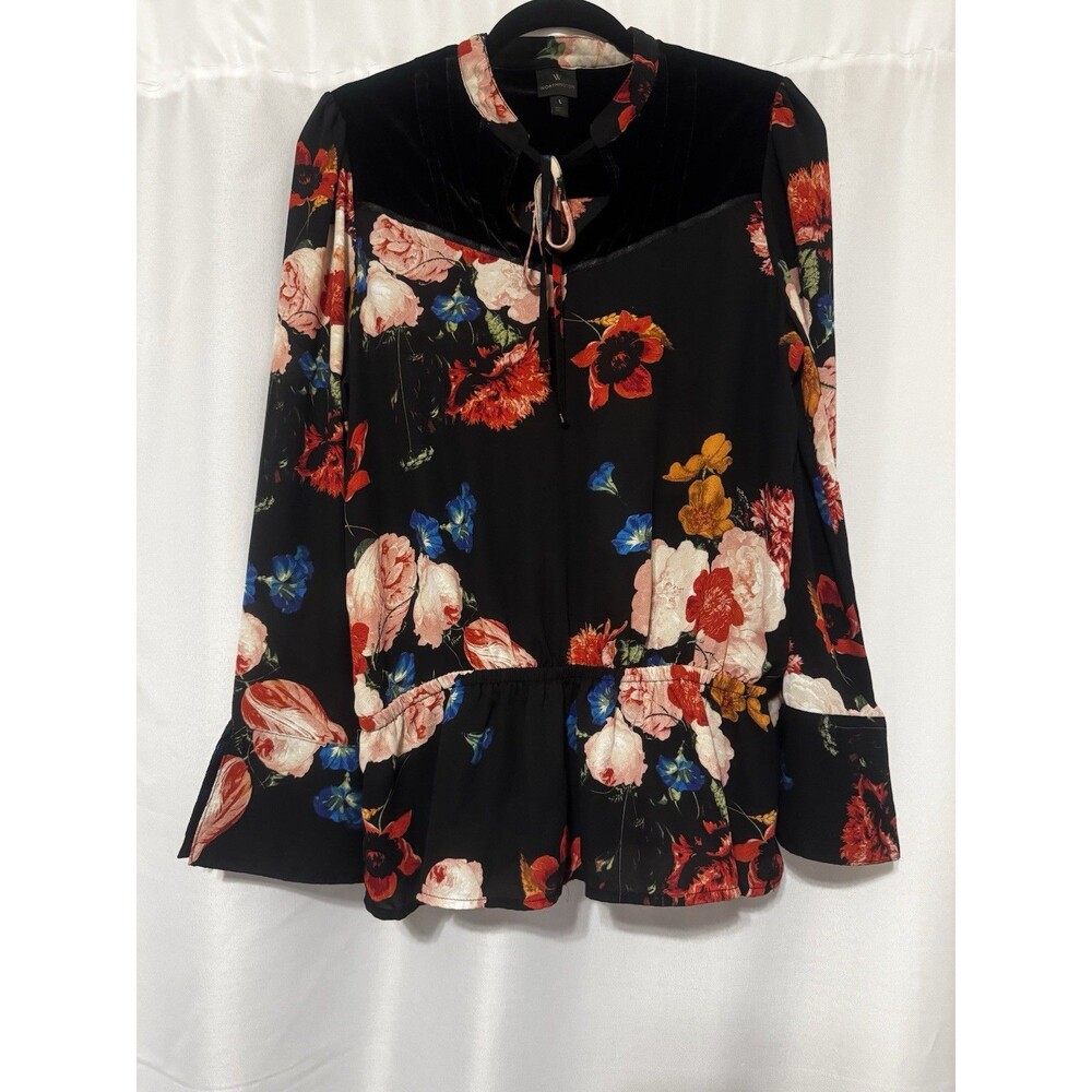 Worthington Black Velvet Floral Tie Neck Ruffle Long Flared Sleeve Blouse L
